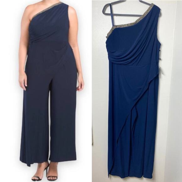 NWT ADRIANNA PAPELL JUMPSUIT JERSEY BEADED BLUE SILVER OFF SHOULDER WIDE LEG - Picture 1 of 10